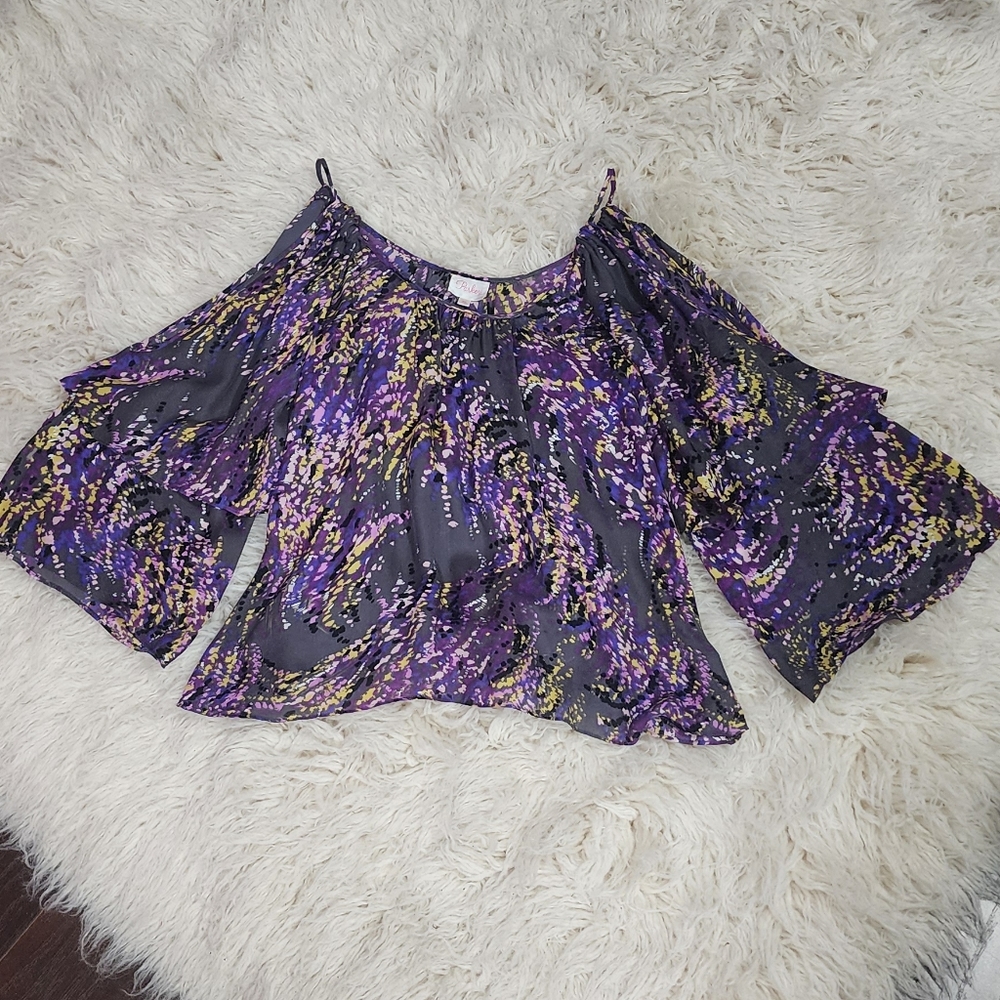 Parker Multicolor Abstract Print Cold Shoulder 3/4 Ruffle Sleeve Silk Blouse XS